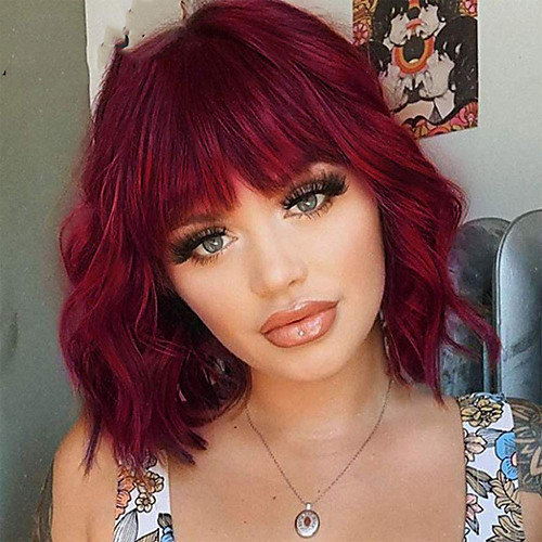 

Synthetic Wigs Short Bob Wigs With Bangs for Black Women Wavy Wigs Shoulder Length Red/Pink/Blonde Cosplay Wigs High Temperature