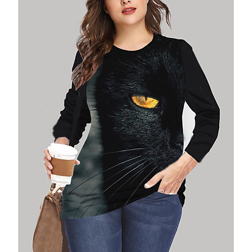 

Women's Plus Size Print Cat Graphic Animal T shirt Large Size Crewneck Long Sleeve Tops XL XXL 3XL Black Yellow Big Size