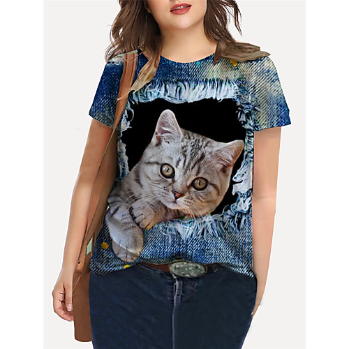

Women's Plus Size Print Cat Graphic Animal T shirt Large Size Crewneck Short Sleeve Basic Tops XL XXL 3XL Blue Big Size