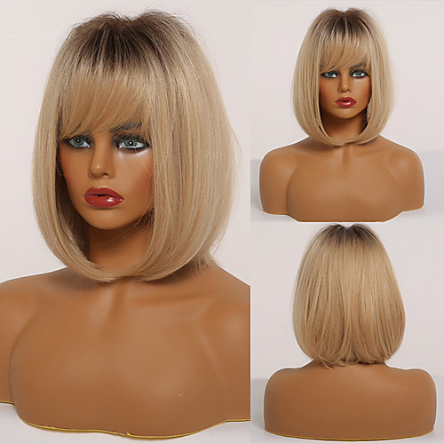 

Synthetic Wig Natural Straight Neat Bang Wig Short Light golden Synthetic Hair Women's Cosplay Party Fashion Blonde