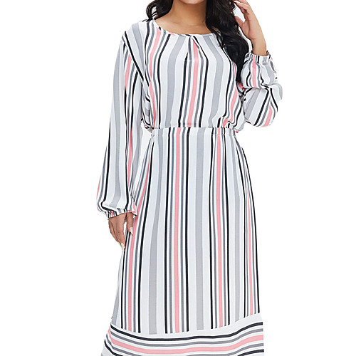 

Women's Chiffon Dress Midi Dress Blue Blushing Pink Long Sleeve Striped Print Summer Round Neck Elegant 2021 M L XL XXL