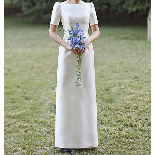 

Sheath / Column Wedding Dresses Jewel Neck Floor Length Satin Short Sleeve Vintage with 2021