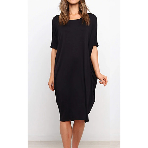 

Women's Shift Dress Knee Length Dress Black Half Sleeve Solid Color Summer Round Neck Casual 2021 S M L XL