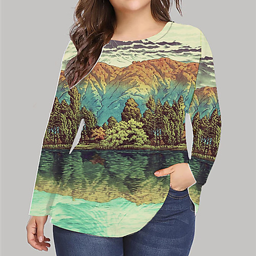 

Women's Plus Size Print Graphic Scenery T shirt Large Size Round Neck Long Sleeve Tops Big Size