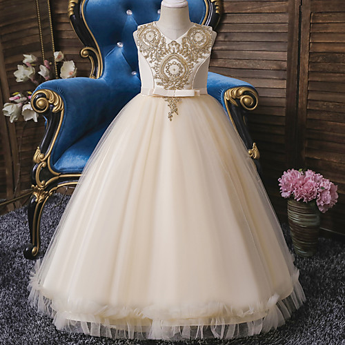 

Ball Gown Floor Length Wedding / Event / Party Flower Girl Dresses - Tulle / Polyester Sleeveless V Neck with Sash / Ribbon / Bow(s) / Embroidery