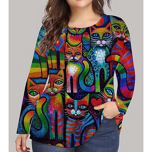

Women's Plus Size Print Cat Graphic Animal T shirt Large Size Round Neck Long Sleeve Tops Big Size