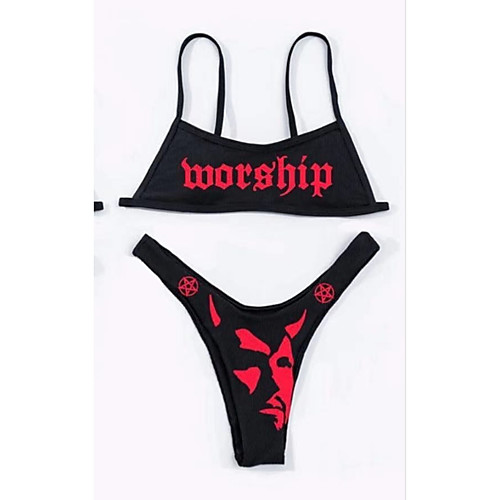 

Women's Bikini 2 Piece Swimsuit Push Up Print Solid Color Letter Black Red Swimwear Padded Crop Top Strap Bathing Suits New Gothic Sexy