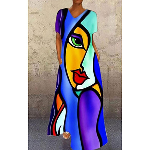 

Women's Swing Dress Maxi long Dress Face blue Red face Human face orange White Purple Short Sleeve Print Print Summer V Neck Elegant 2021 S M L XL XXL XXXL
