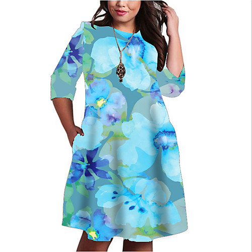 

Women's Plus Size Graphic Color Block Floral Print Casual 3/4 Length Sleeve Fall Knee Length Dress Shift Dress Blue