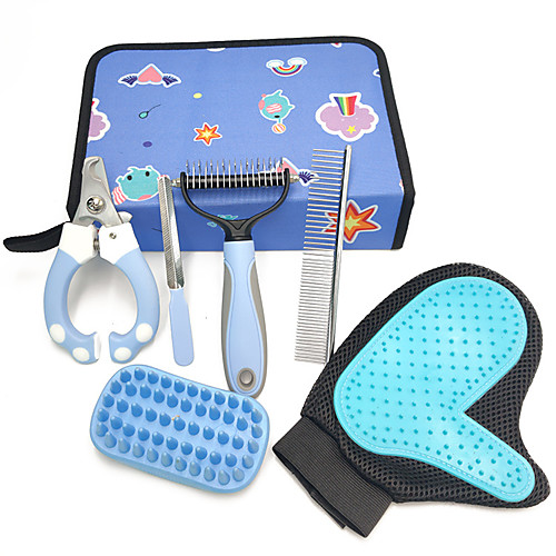 

Dog Cat 6PCS Upgraded Dog Grooming Brush and Comb Set Stainless steel Dog Clean Supply Pet Hair Remover Massage Easy to Clean Deshedding Glove Pet Grooming Supplies Blue