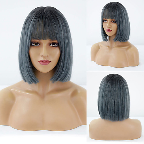 

Synthetic Wig Natural Straight Neat Bang Wig Short A1 Synthetic Hair Women's Cosplay Party Fashion Blue Gray