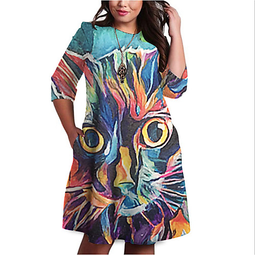 

Women's Plus Size Dresses Shift Dress Knee Length Dress 3/4 Length Sleeve Graphic Animal Print Casual Fall Blue Green XL XXL 3XL 4XL 5XL / Holiday