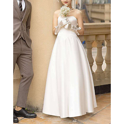 

Princess A-Line Wedding Dresses Strapless Floor Length Satin Sleeveless Simple Vintage Little White Dress with Pleats 2021