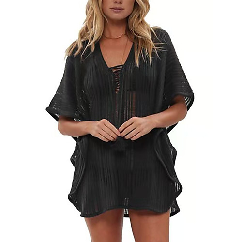 

Women's Swimsuit Cover Up Beach Top Swimsuit Chiffon Lace Solid Color Geometric Black Swimwear T shirt Dress Tunic Plunge Bathing Suits New Fashion Sexy