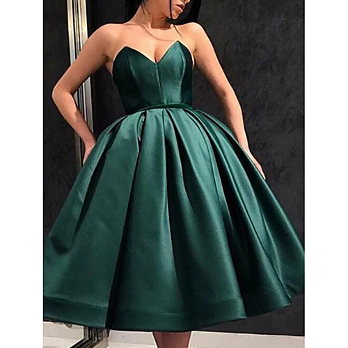 

A-Line Minimalist Sexy Engagement Cocktail Party Dress Strapless Sleeveless Knee Length Satin with Pleats 2021