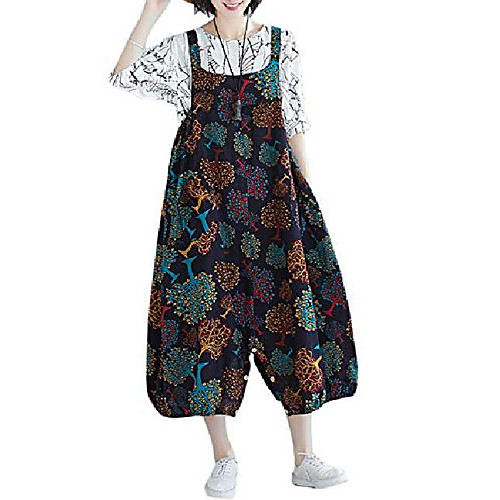 

women's retro baggy boho printed linen one piece overalls jumpsuits harem pants (one size, trees)