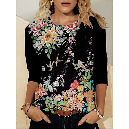 

Women's Plus Size Print Floral Blouse Large Size Crewneck Long Sleeve Basic Tops L XL XXL Black Big Size