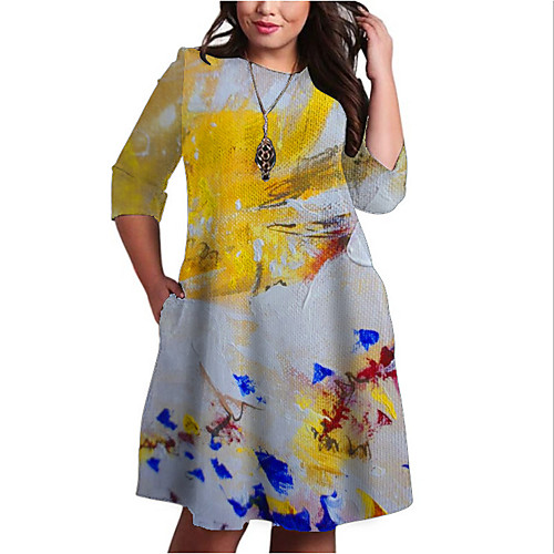 

Women's Plus Size Dresses Shift Dress Knee Length Dress 3/4 Length Sleeve Floral Graphic Color Block Print Casual Fall Orange XL XXL 3XL 4XL 5XL / Holiday