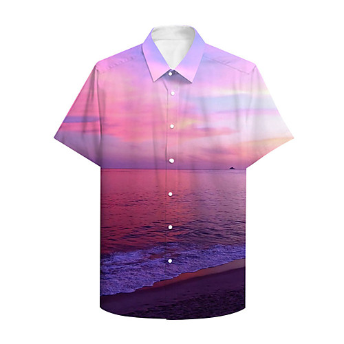 

Men's Shirt 3D Print Graphic Prints Landscape Button-Down Print Short Sleeve Daily Tops Casual Hawaiian Light Purple