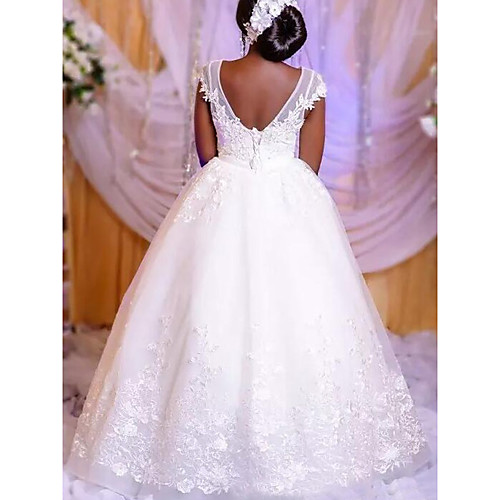 

Princess Ball Gown Wedding Dresses Jewel Neck Floor Length Lace Tulle Short Sleeve Formal Romantic Luxurious with Appliques 2021