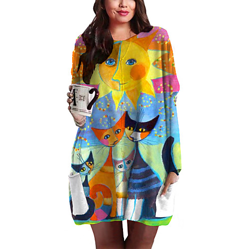 

Women's Plus Size Cat Graphic Animal Print Basic Long Sleeve Fall Short Mini Dress Shift Dress Light Yellow