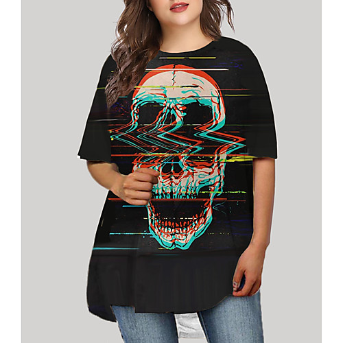 

Women's Plus Size Dresses T Shirt Dress Tee Dress Short Mini Dress Half Sleeve Graphic Skull Print Basic Fall Black XL XXL 3XL 4XL 5XL / Holiday