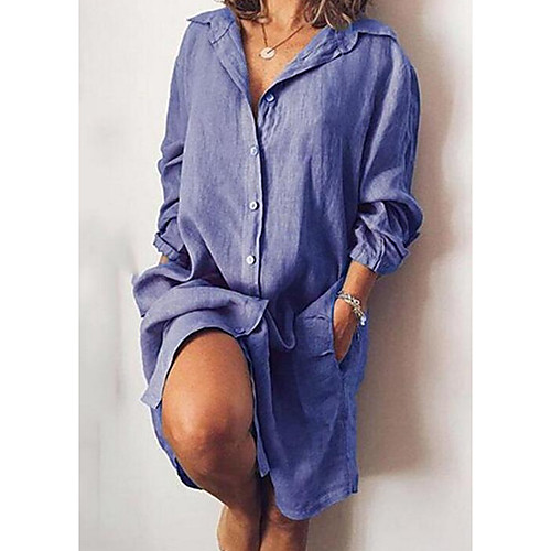 

Women's Shirt Dress Knee Length Dress Black Blue Red Yellow Green Navy Blue Gray Long Sleeve Solid Color Summer Shirt Collar Elegant 2021 S M L XL XXL 3XL