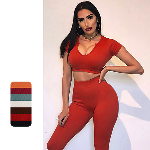 

Women's 2pcs Yoga Suit Solid Color rice white Black Red Nylon Yoga Fitness Running Tights Crop Top Clothing Suit Short Sleeve Sport Activewear Tummy Control Butt Lift Breathable Quick Dry Moisture