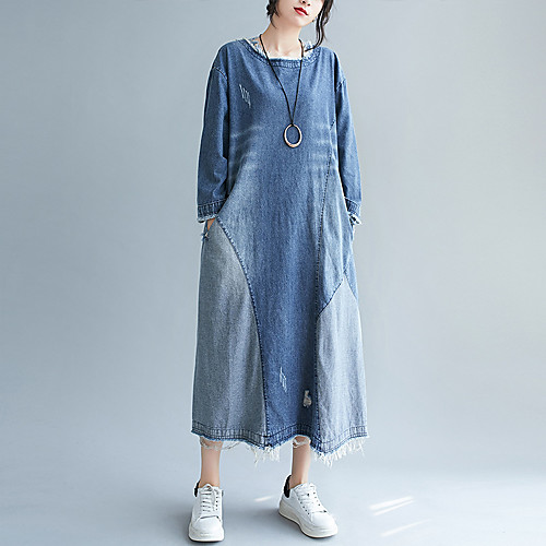 

Women's Denim Dress Midi Dress Blue Long Sleeve Color Block Tassel Fringe Pocket Patchwork Fall Spring Round Neck Casual 2021 M L XL XXL