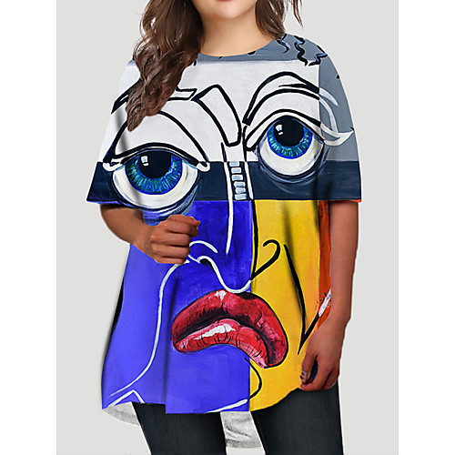 

Women's Plus Size Graphic Color Block Geometric Print Casual Half Sleeve Fall Short Mini Dress T Shirt Dress Tee Dress Blue Orange