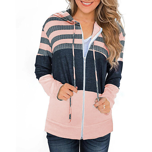 

Women's Striped Spring & Summer Hoodied Jacket Regular Daily Long Sleeve Cotton Coat Tops Pink
