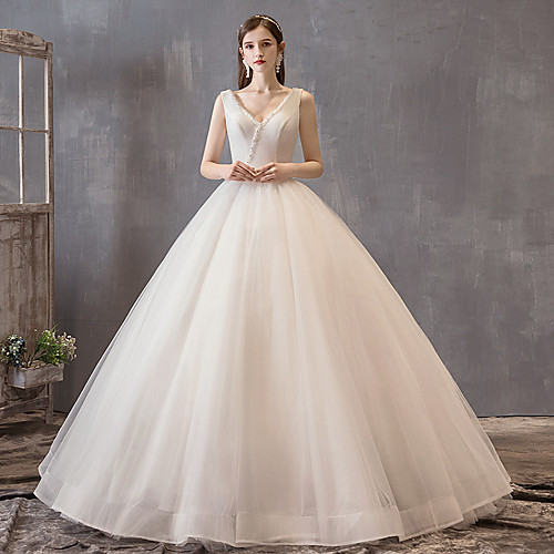 

Princess Ball Gown Wedding Dresses V Neck Floor Length Satin Tulle Sleeveless Formal Luxurious with Bow(s) Beading 2021