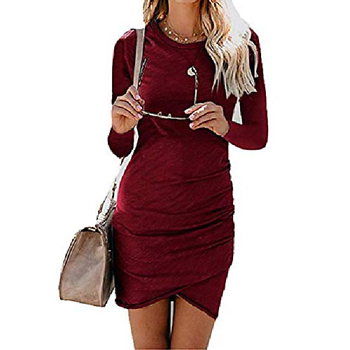 

Womens Long Sleeve Sheath Dress Solid Color Irregular Hem Summer Bodycon Mini Dress
