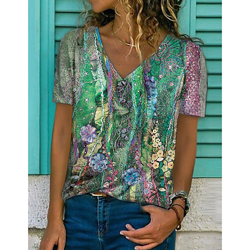 

Women's Floral Theme T shirt Floral Graphic Print V Neck Tops Basic Basic Top Purple Yellow Green