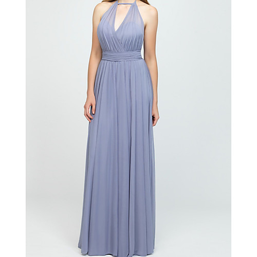 

A-Line V Neck Floor Length Chiffon Bridesmaid Dress with Pleats