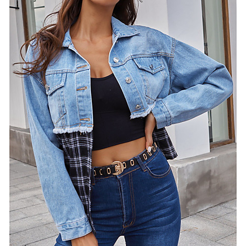 

Women's Color Block Patchwork Fall & Winter Denim Jacket Regular Daily Long Sleeve Denim Coat Tops Blue