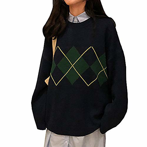 

lunoakvo women geometric pattern argyle pullovers loose oversized o-neck knitted sweaters jumper navy