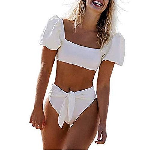 

Women High Waist Tie Knot Bathing Suit Short Sleeve Cheeky Padded Bikini Backless Two Piece Swimsuits M KB01