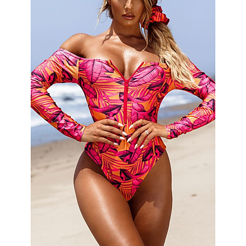 

Women's One Piece Romper Swimsuit Slim Print Tropical Leaf Long sleeve one piece Swimwear Padded Bodysuit Off Shoulder Bathing Suits New Fashion Sexy