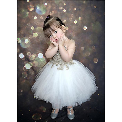 

Princess / Ball Gown Knee Length Wedding / Party Flower Girl Dresses - Tulle Short Sleeve Jewel Neck with Appliques / Splicing