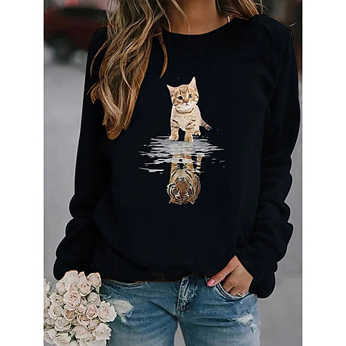 

Women's Pullover Sweatshirt Cat Graphic 3D Daily Weekend Other Prints Basic Casual Hoodies Sweatshirts White Black