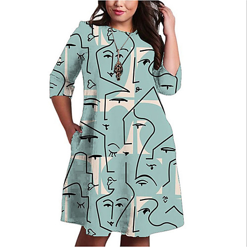 

Women's Plus Size Print Color Block Print Casual 3/4 Length Sleeve Fall Knee Length Dress Shift Dress Blue Red