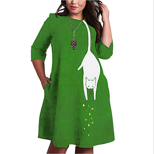 

Women's Plus Size Dresses Shift Dress Knee Length Dress 3/4 Length Sleeve Cat Animal Print Casual Fall Green XL XXL 3XL 4XL 5XL / Holiday