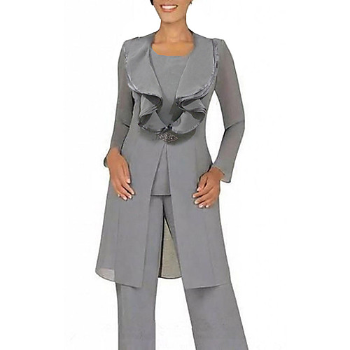 

Pantsuit / Jumpsuit Mother of the Bride Dress Sexy Jewel Neck Floor Length Chiffon Long Sleeve with Buttons 2021