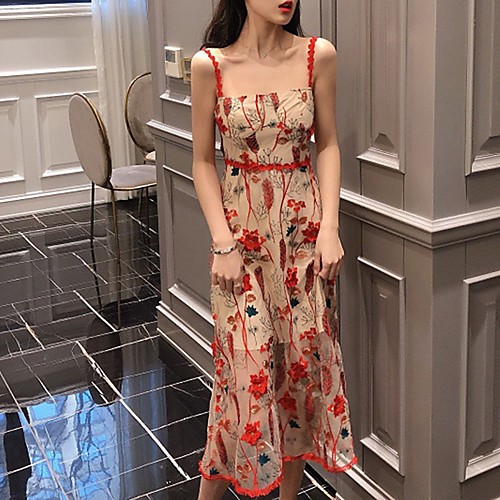 

A-Line Maxi Bohemian Holiday Cocktail Party Dress Spaghetti Strap Sleeveless Tea Length Tulle with Lace Insert Embroidery 2021