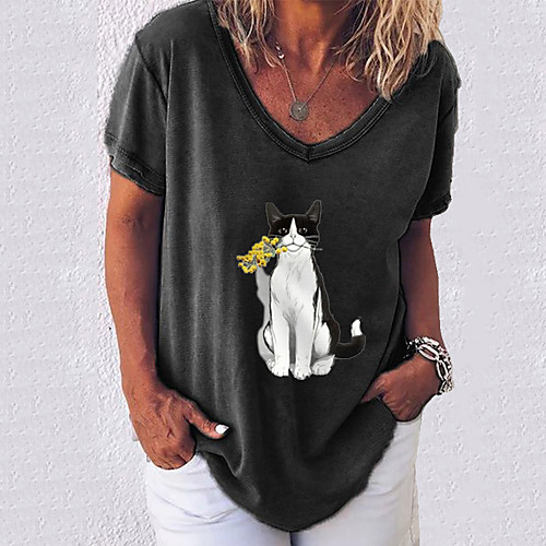 

Women's T shirt Letter V Neck Tops Cotton Basic Basic Top White Black Army Green