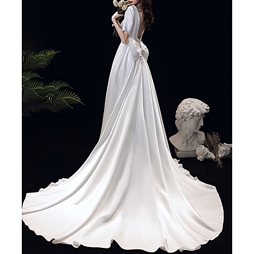 

A-Line Wedding Dresses Scoop Neck Court Train Satin Short Sleeve Formal Romantic Vintage with Bow(s) Beading 2021