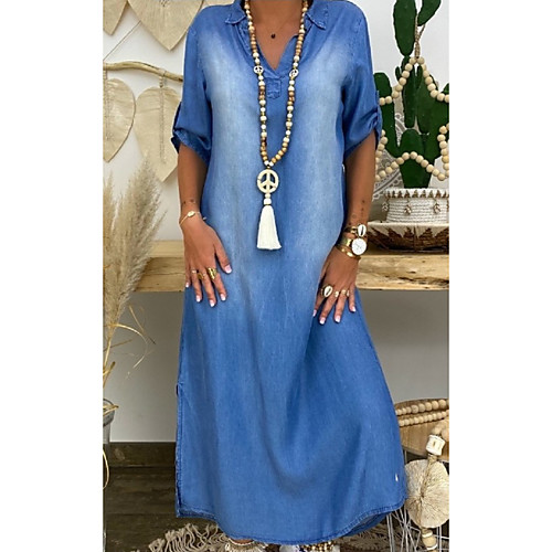 

Women's Denim Dress Maxi long Dress Blue Half Sleeve Solid Color Split Summer Shirt Collar Elegant 2021 M L XL XXL 3XL