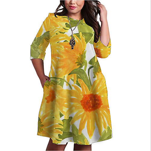

Women's Plus Size Dresses Shift Dress Knee Length Dress 3/4 Length Sleeve Floral Graphic Color Block Print Casual Fall Orange XL XXL 3XL 4XL 5XL / Holiday