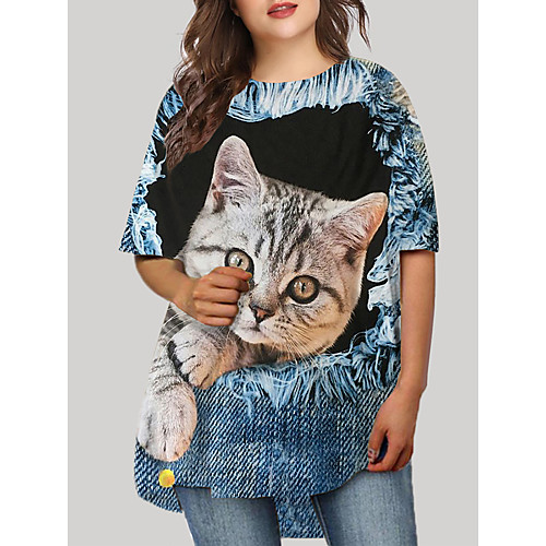 

Women's Plus Size Dresses T Shirt Dress Tee Dress Short Mini Dress Half Sleeve Cat Graphic Animal Print Casual Fall Blue XL XXL 3XL 4XL 5XL